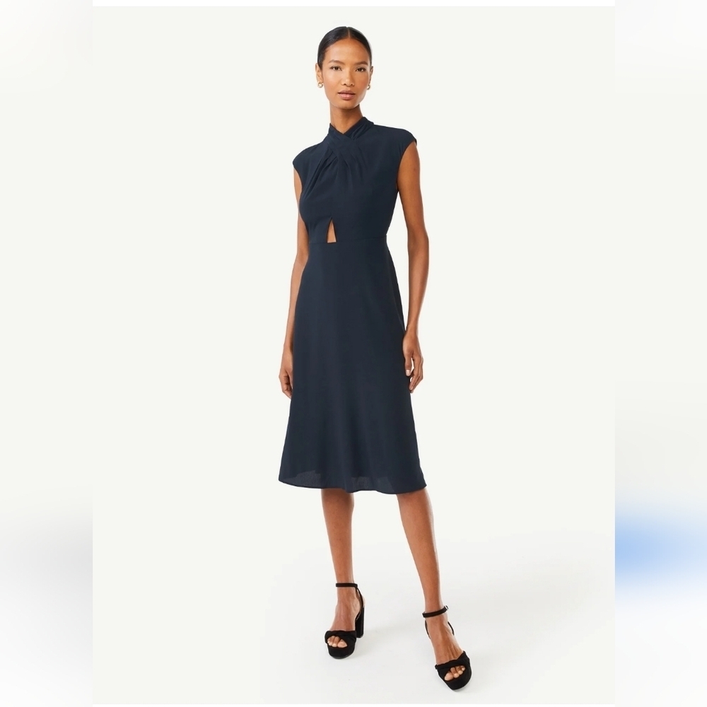 Scoop Midi Twist Neck Dress Blue Navy Size Medium